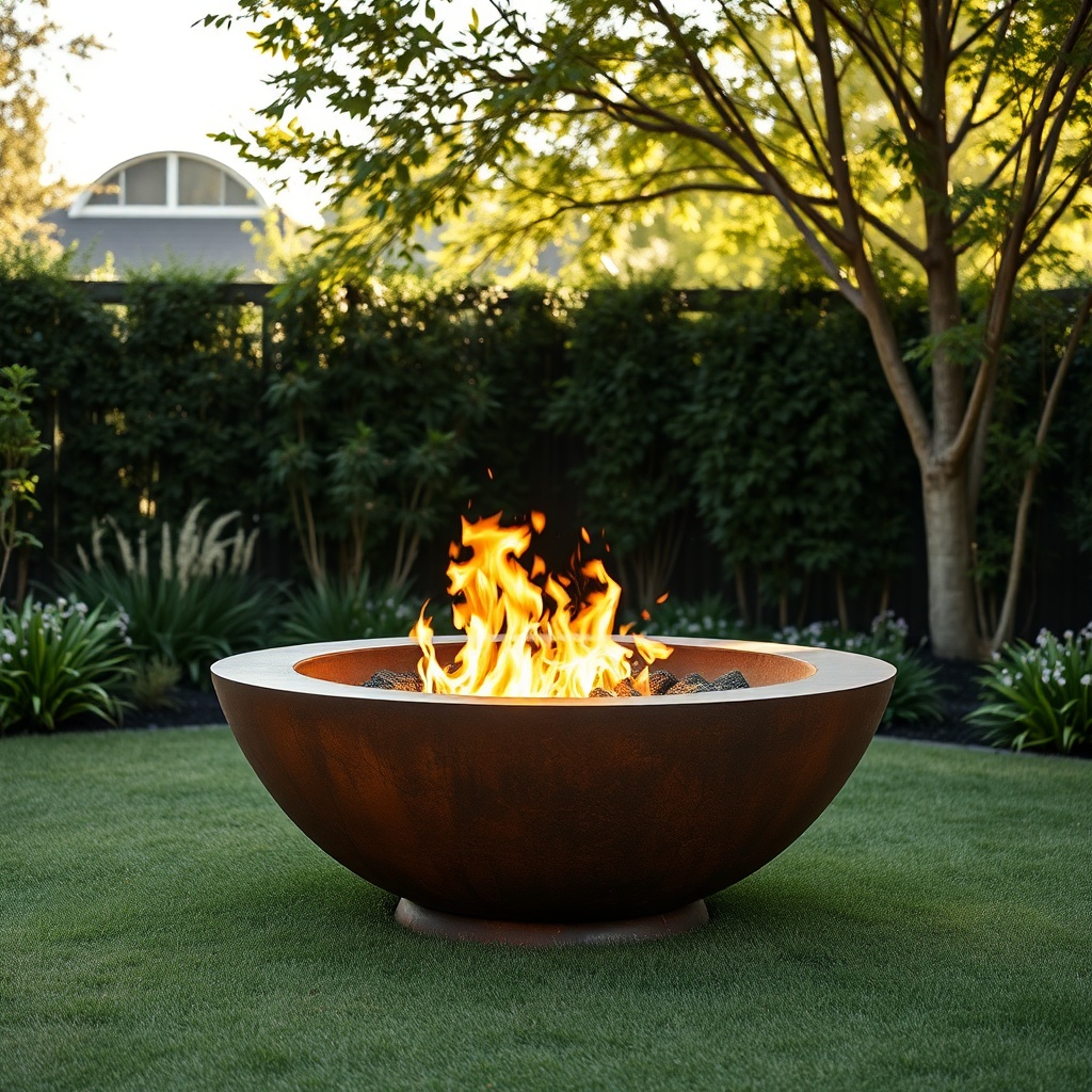 elegant Corten steel fire pit outdoor product photography, minimalist garden, clean white daylight, 