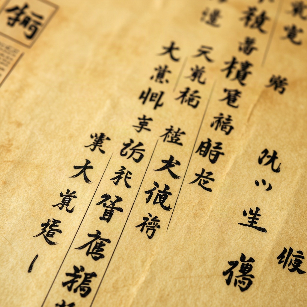 ancient chinese scroll manuscript texture close up, aged paper with faded ink calligraphy, warm sepia