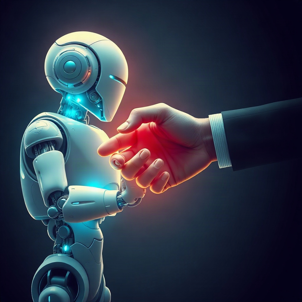 robot and human shaking hands, digital art