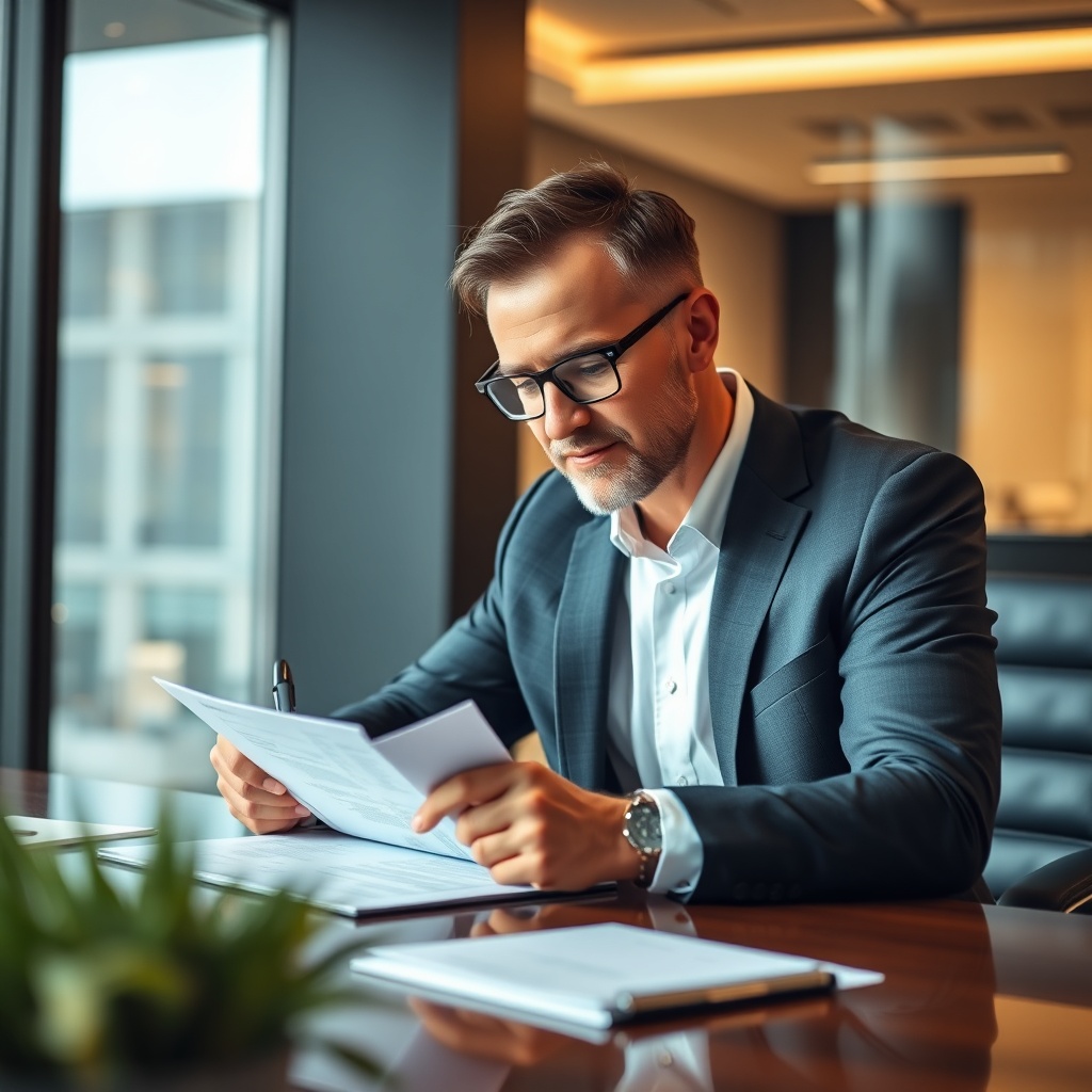 businessman signing contract documents in modern office, professional photography, natural light