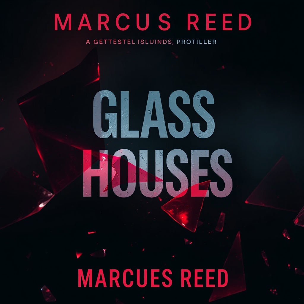 dark moody thriller book cover, 'Glass Houses' by Marcus Reed, crimson glass shards, cinematic light