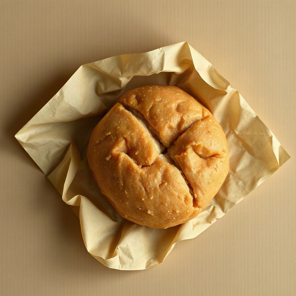 overhead shot of a dull processed fast food meal on a paper wrapper, flat unappealing lighting