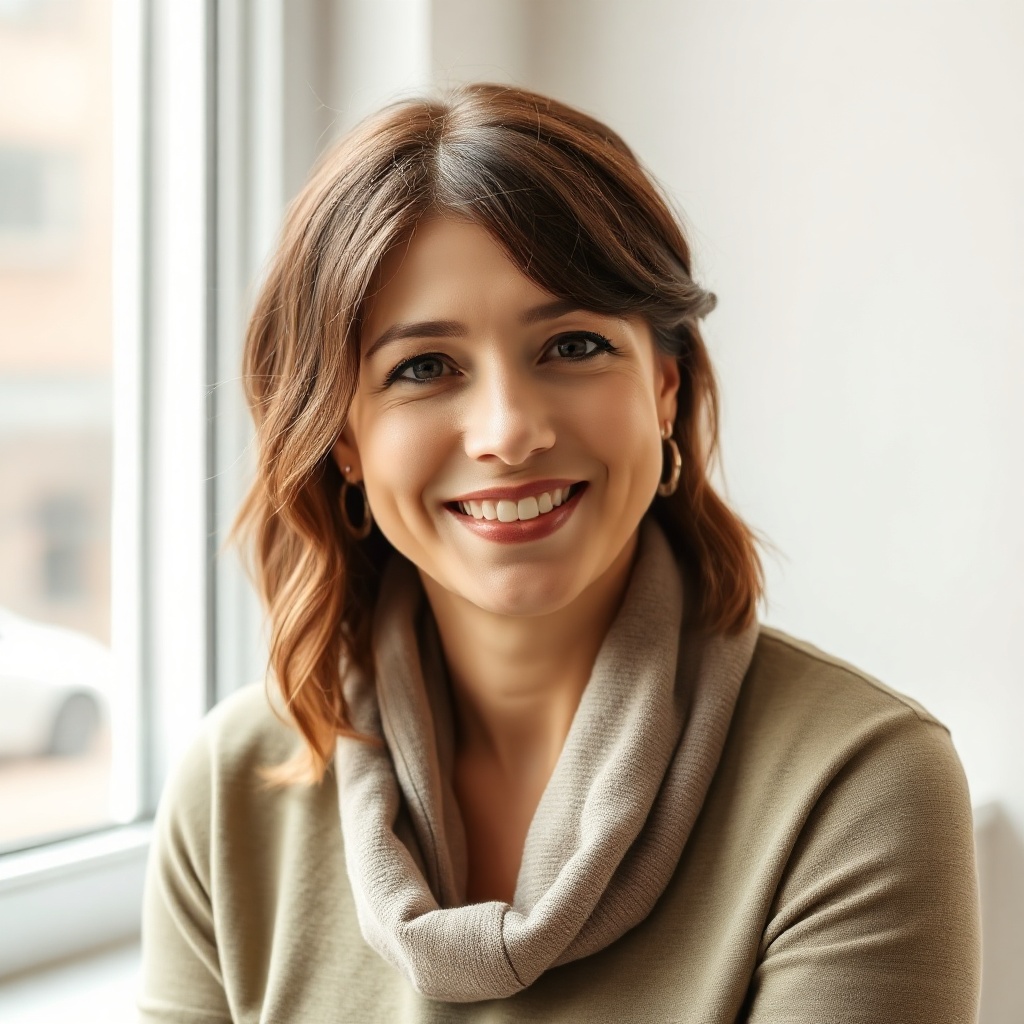 warm professional portrait of a female marriage counselor, gentle smile, soft window light, editoria