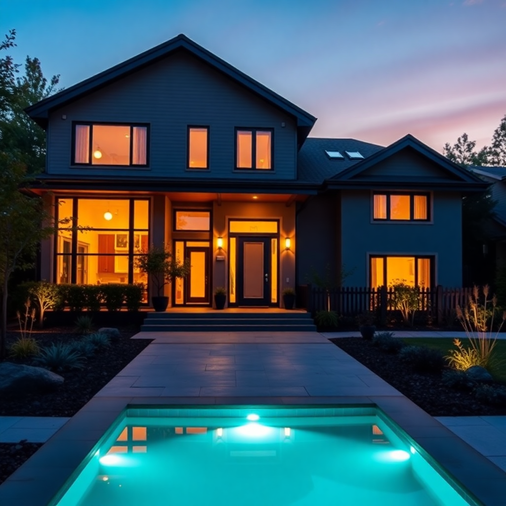 beautiful modern family house at dusk with warm interior lights and garden, professional real estate