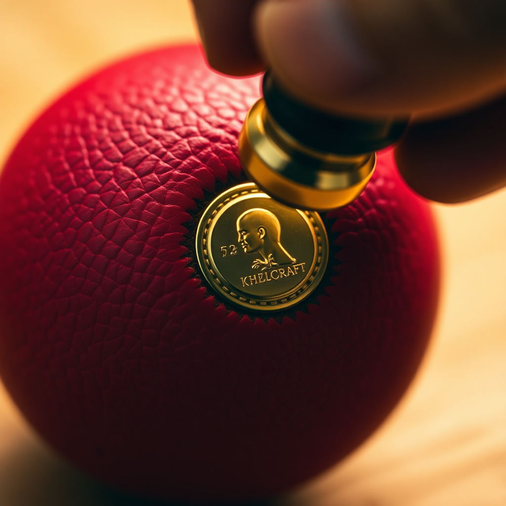 khelcraft gold stamp being pressed into red leather cricket ball