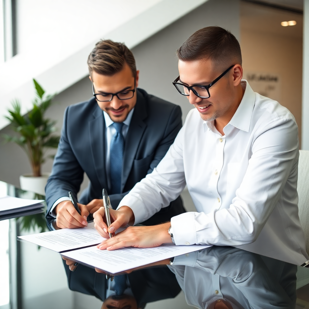 business owner signing company documents, modern office, professional photography