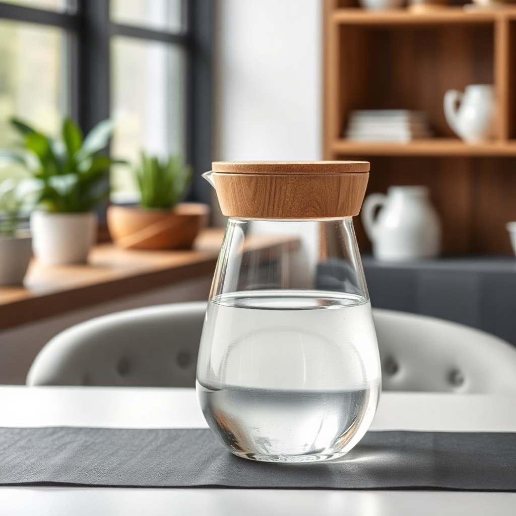premium glass water pitcher with a wooden lid on a modern table