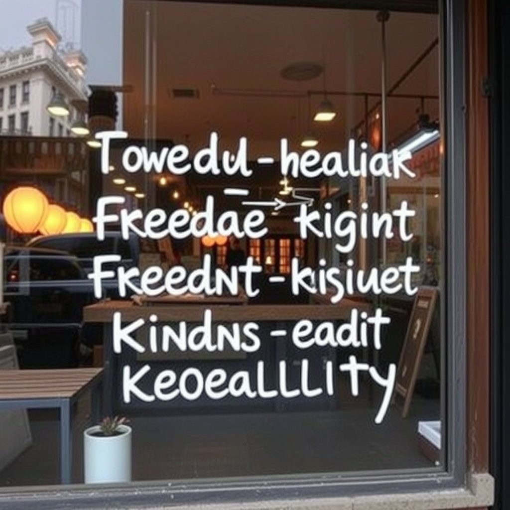 coffee shop window art courage freedom diversity rights kindness equality protest words, storefront
