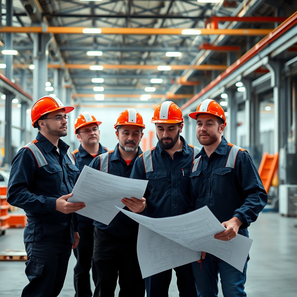 team of professional technicians in uniform looking at building plans, modern lighting, high resolut