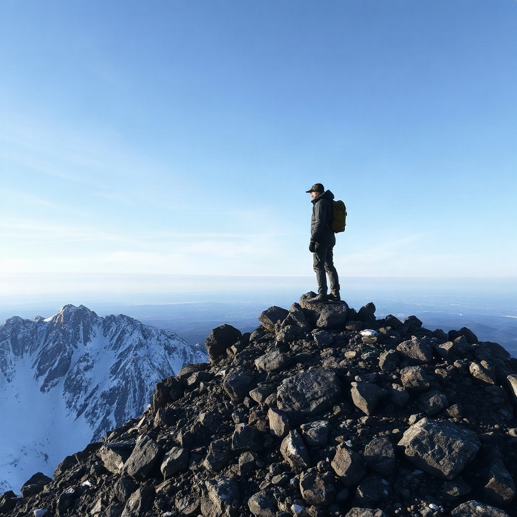 explorer standing on a rocky peak, cold winter atmosphere