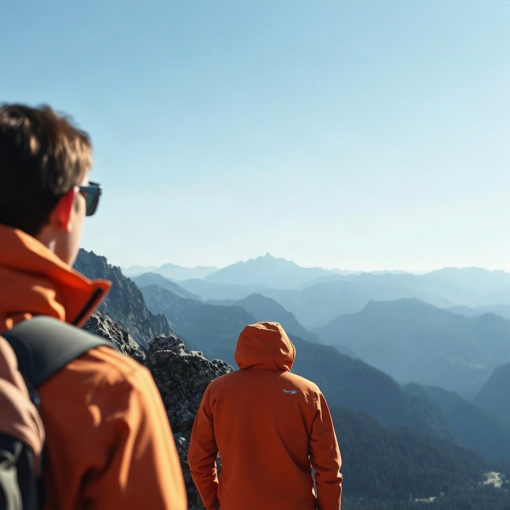 traveler in orange jacket looking at mountain range, clear sky