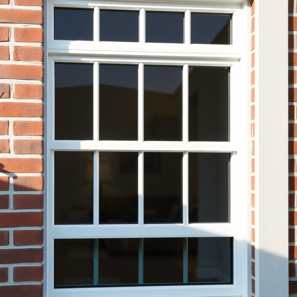 close up of modern white PVC window frame installed in brick wall Dutch home, professional finish, c