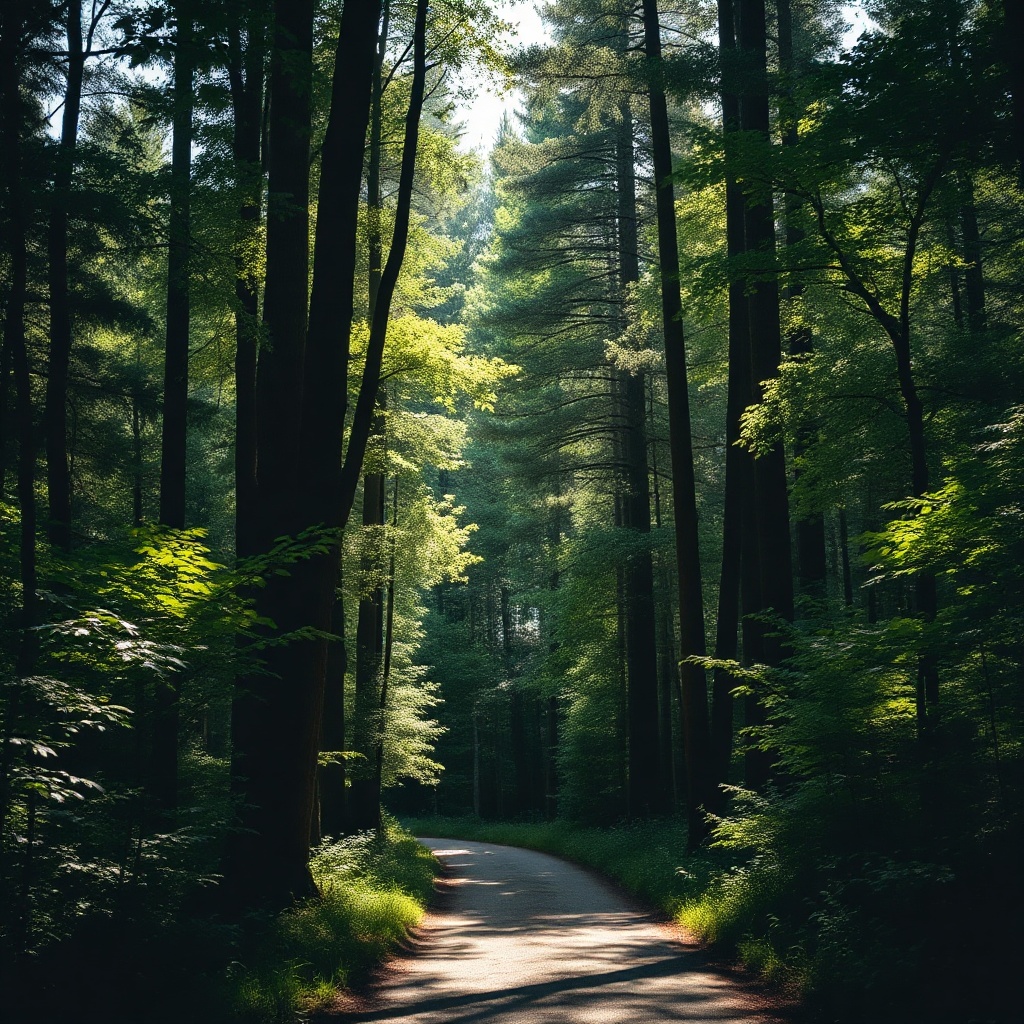 peaceful forest path with dappled sunlight, nature calmness, muted green tones, editorial photograph