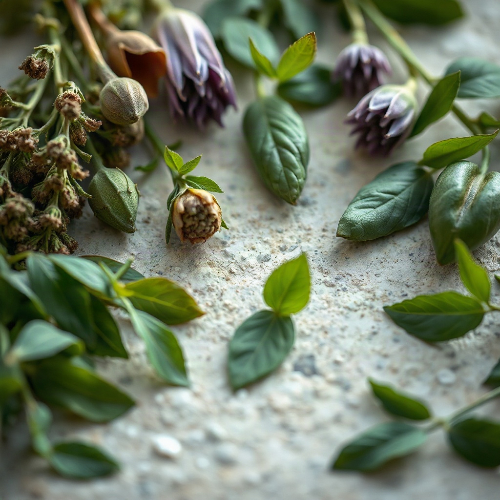 Close up of fresh herbal botanicals and plant leaves arranged on a light stone surface, soft natural