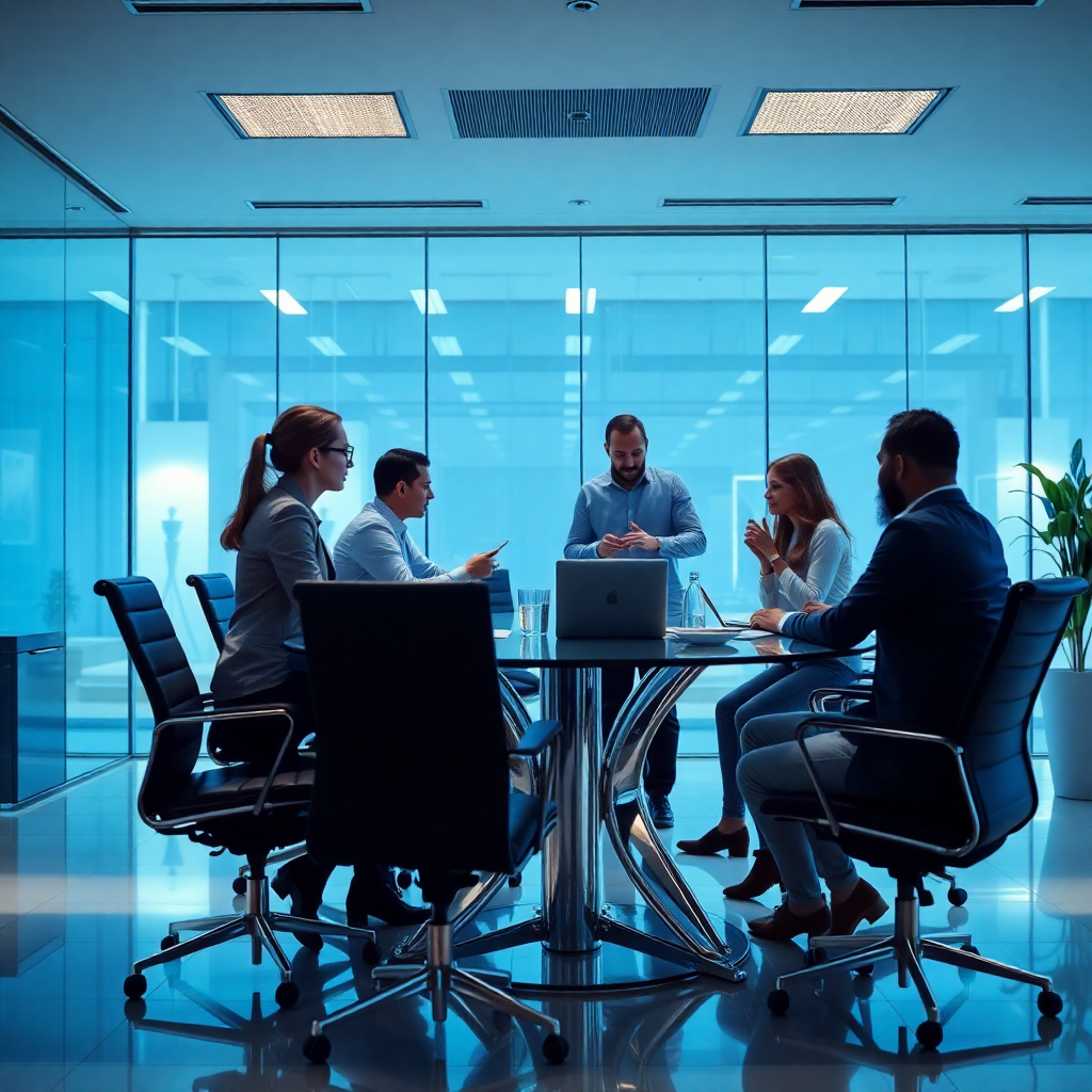 Business analysts collaborating in a modern conference room
