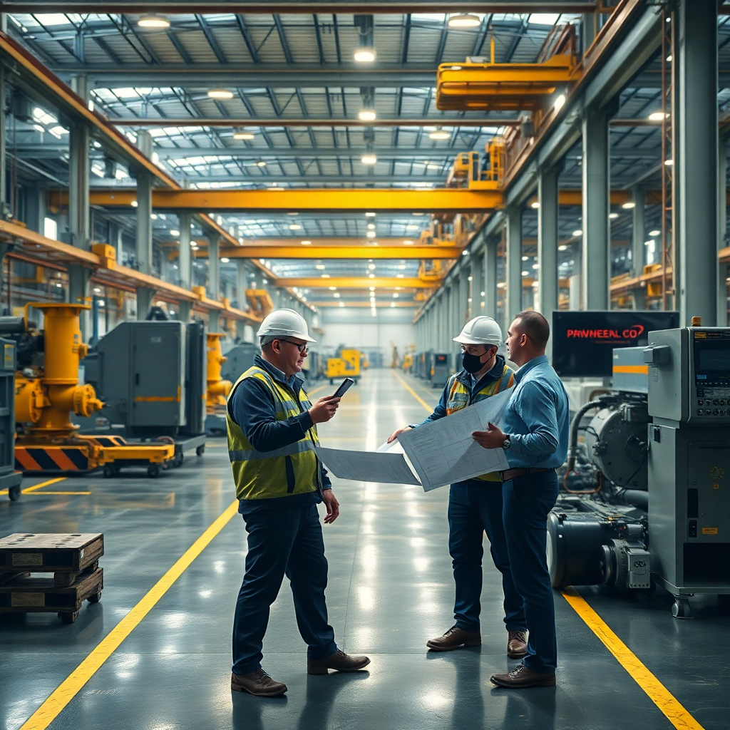 Planta industrial moderna con ingenieros revisando operaciones