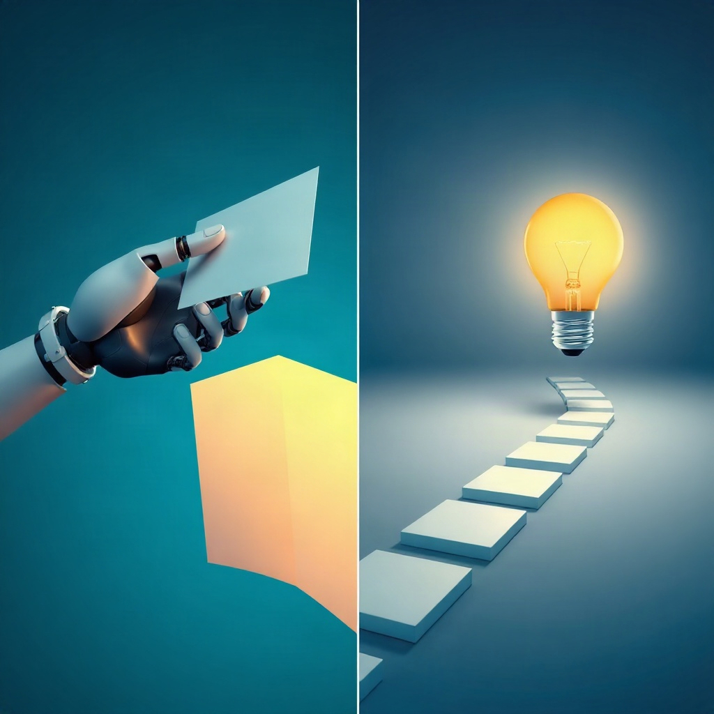 Split illustration: a robot handing over a finished answer sheet versus a student working through a problem.