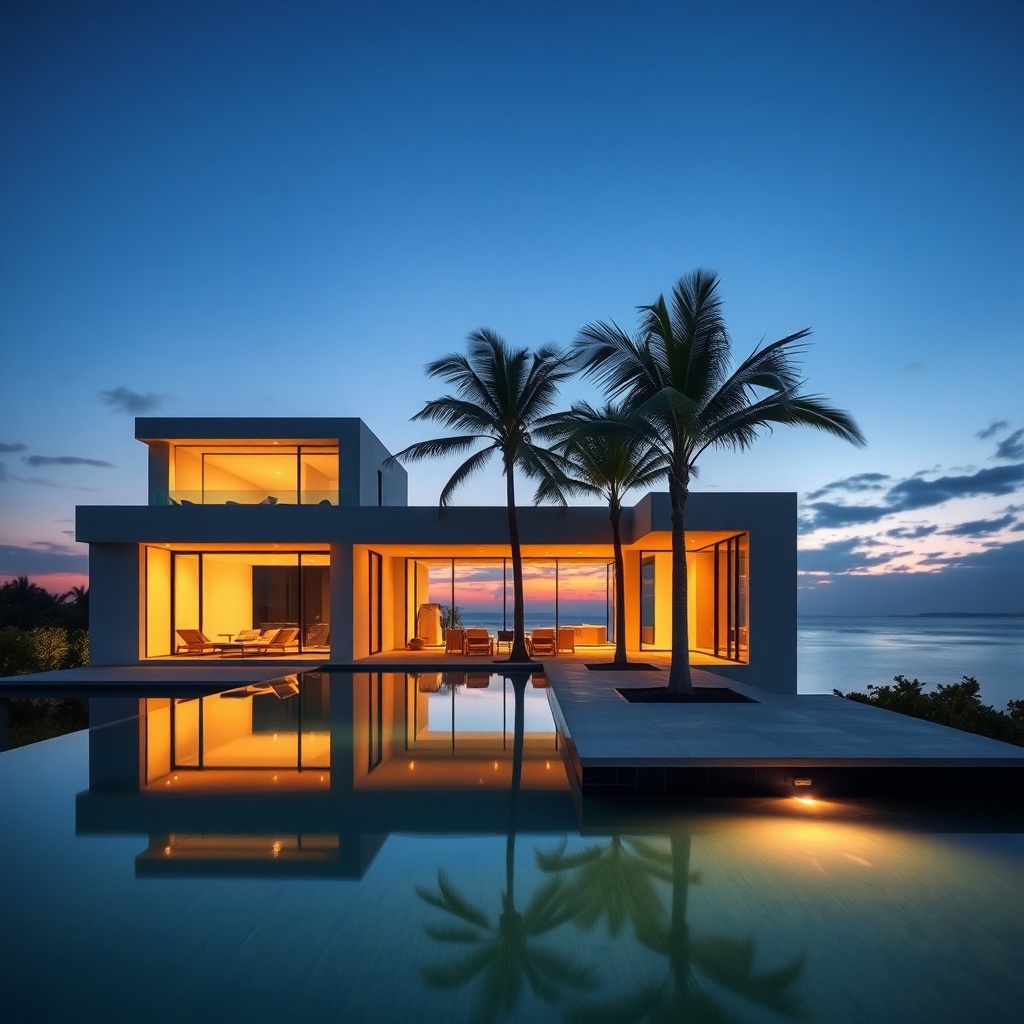 minimalist modern architecture with infinity pool and palm trees at dusk