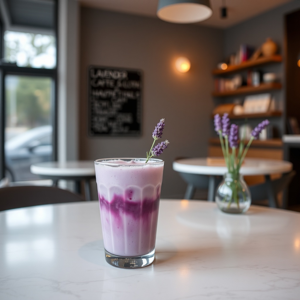 lavender moon latte iced drink in a cup with purple and lavender hues, coffee shop aesthetic