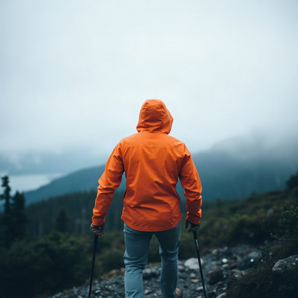 hiker in orange jacket looking away from camera