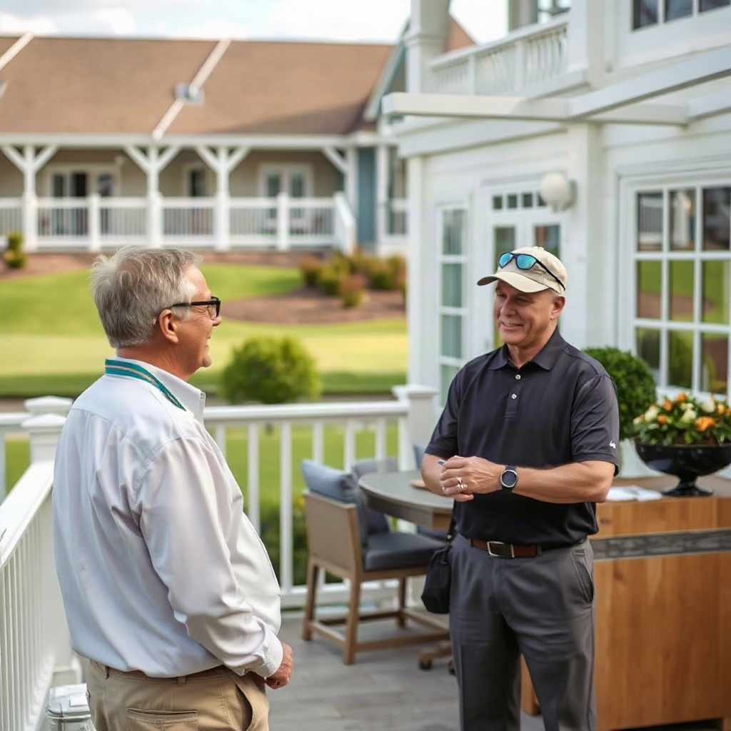 two golf club members talking in a high-end clubhouse terrace, editorial lifestyle photography