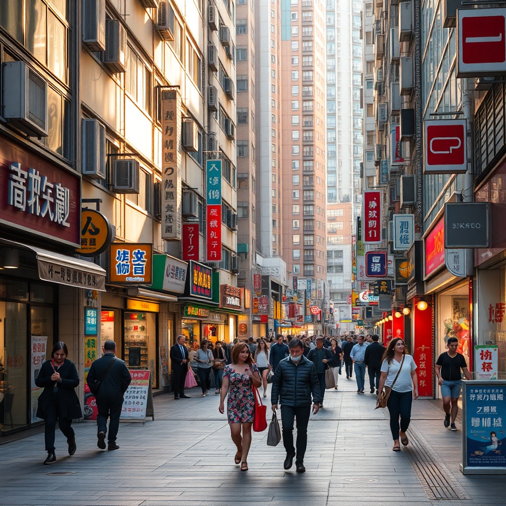 Hong Kong busy commercial retail street with colorful shop fronts, people walking, warm golden hour 