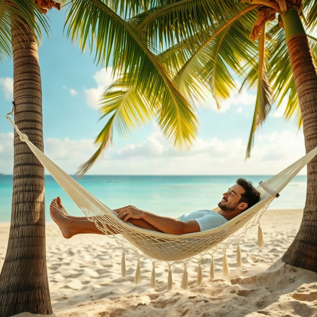 man resting in a white hammock between palm trees on a tropical beach, relaxed mood