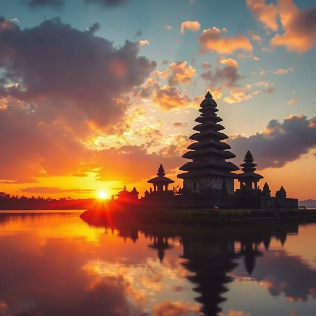 temple in bali at sunset, reflection in water, serene atmosphere