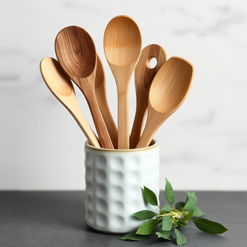 artisanal bamboo kitchen utensil set in a textured ceramic container, sustainable lifestyle