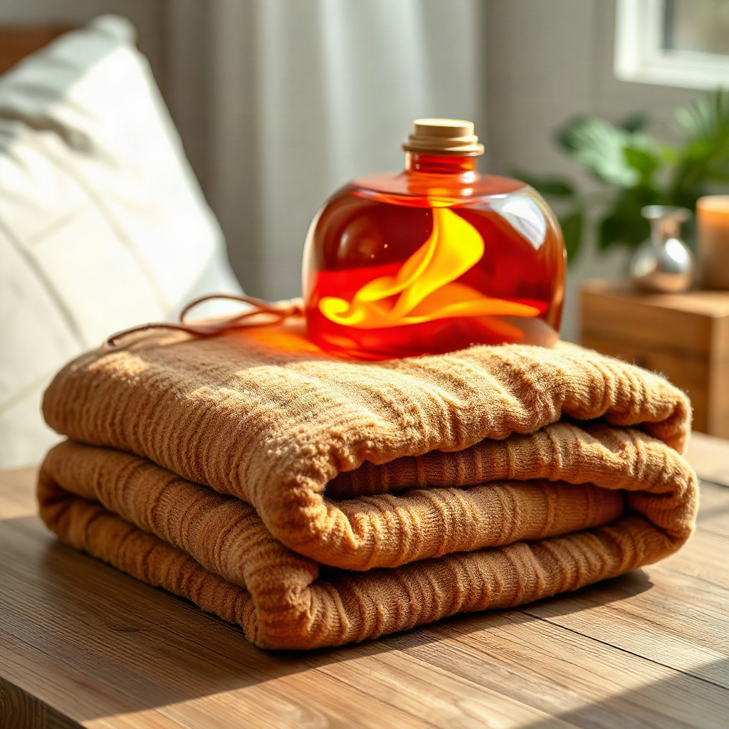 folded warm amber heating blanket product shot on wooden table, cozy home wellness styling