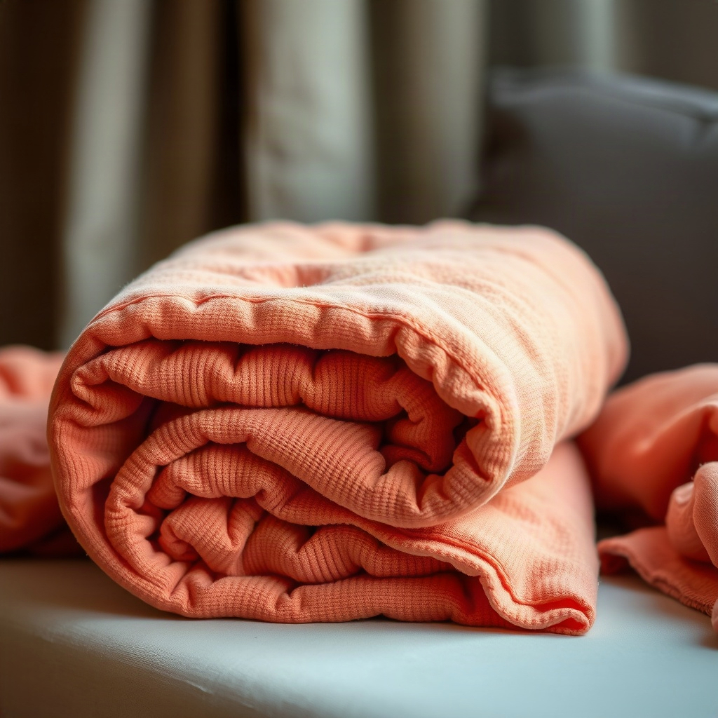 folded warm amber heating blanket product shot, soft fabric texture, cozy home wellness styling