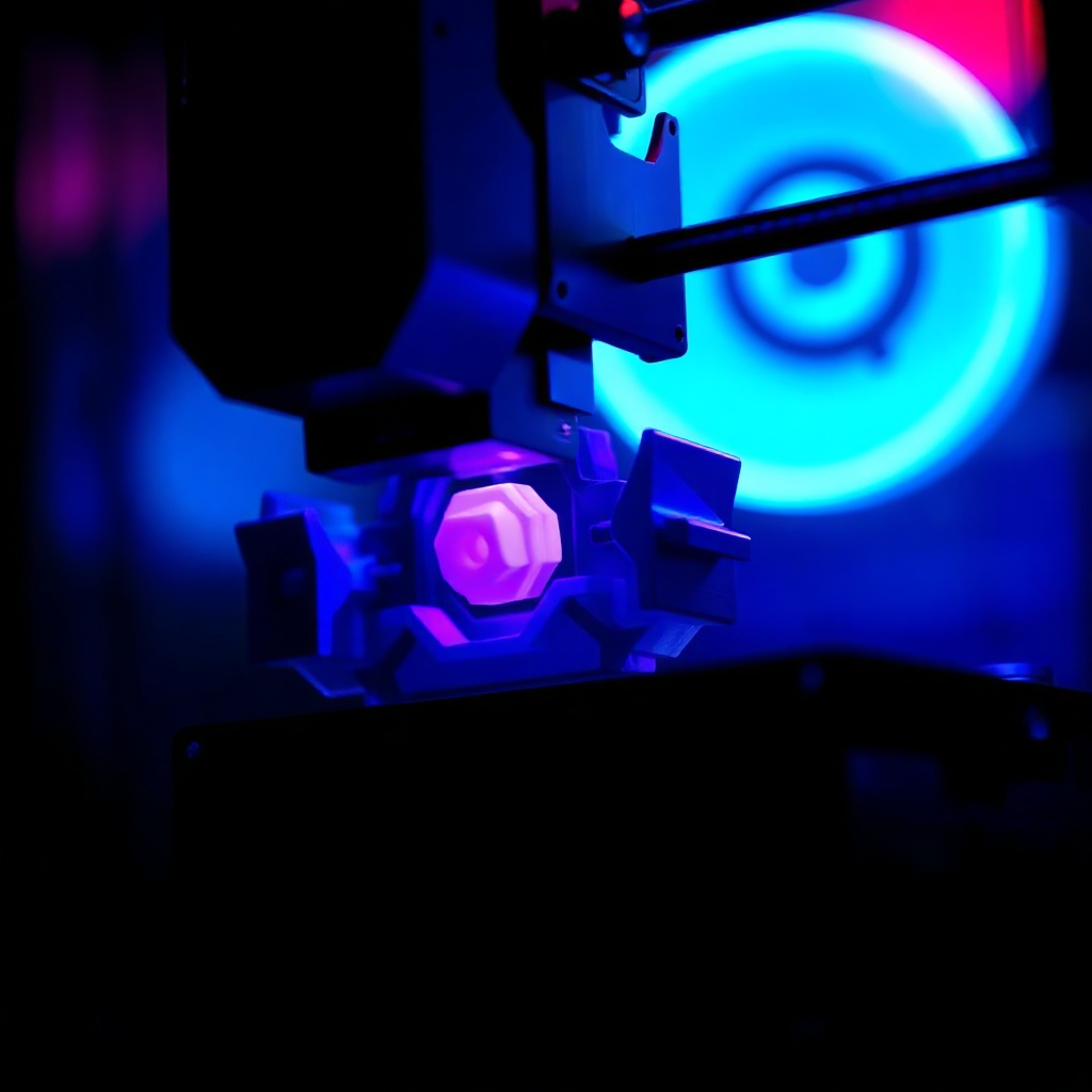 Close up of 3D printer creating a part, neon blue ambient light, dark background