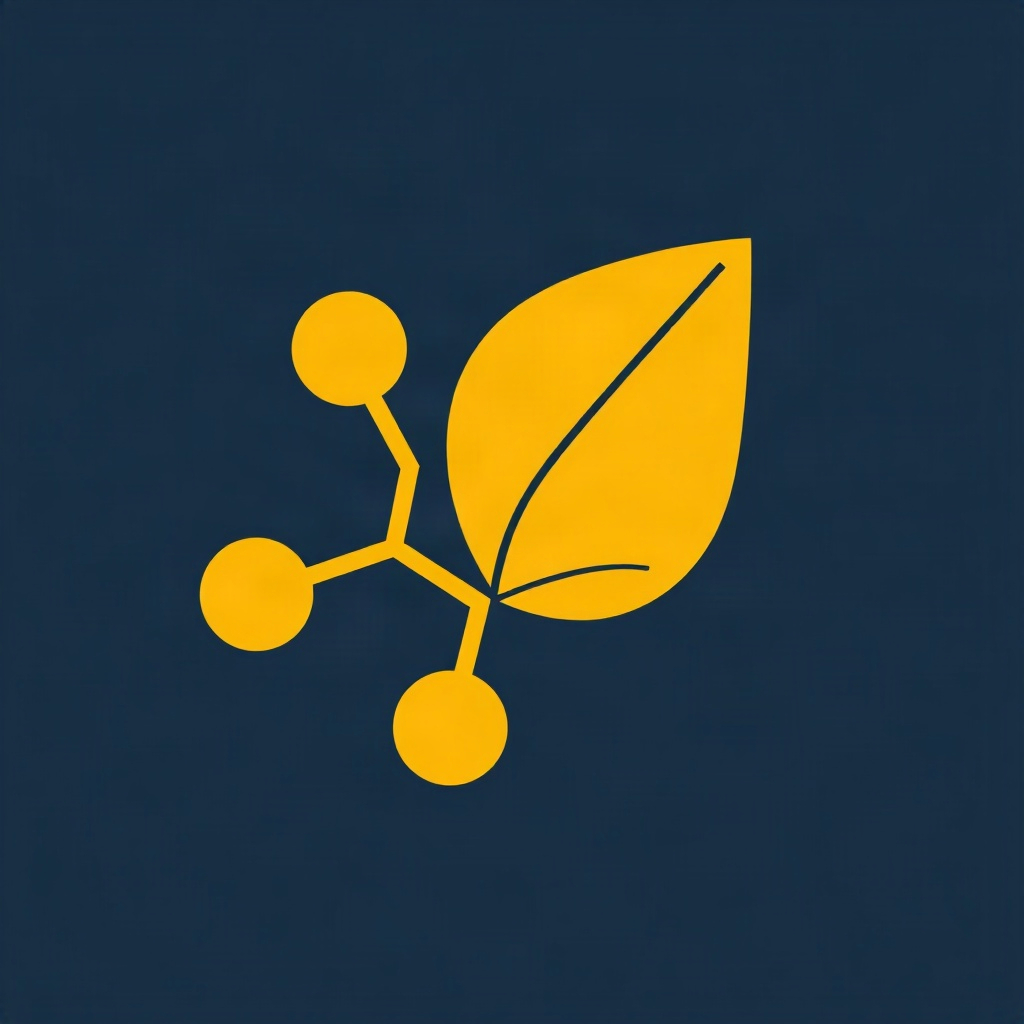 simple flat vector icon of a molecule and leaf combined, navy and gold line art, minimal metabolic w
