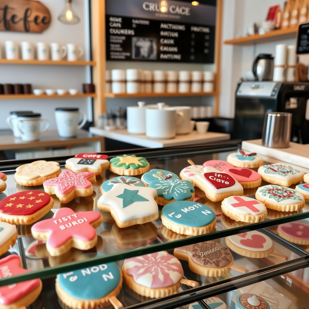 display case with decorated sugar cookies inside a coffee shop, colorful edible print cookies on dis