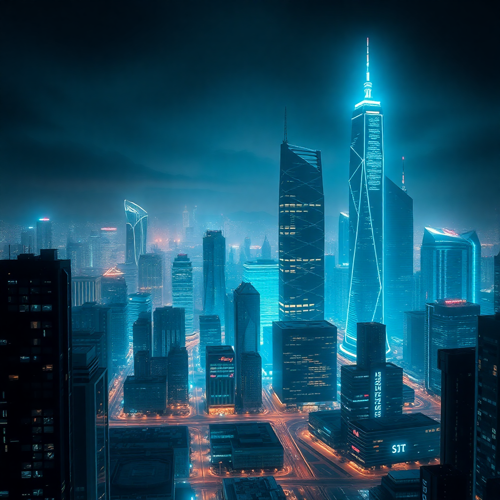 futuristic city skyline at night with glowing blue and teal skyscrapers, cinematic aerial view, cybe