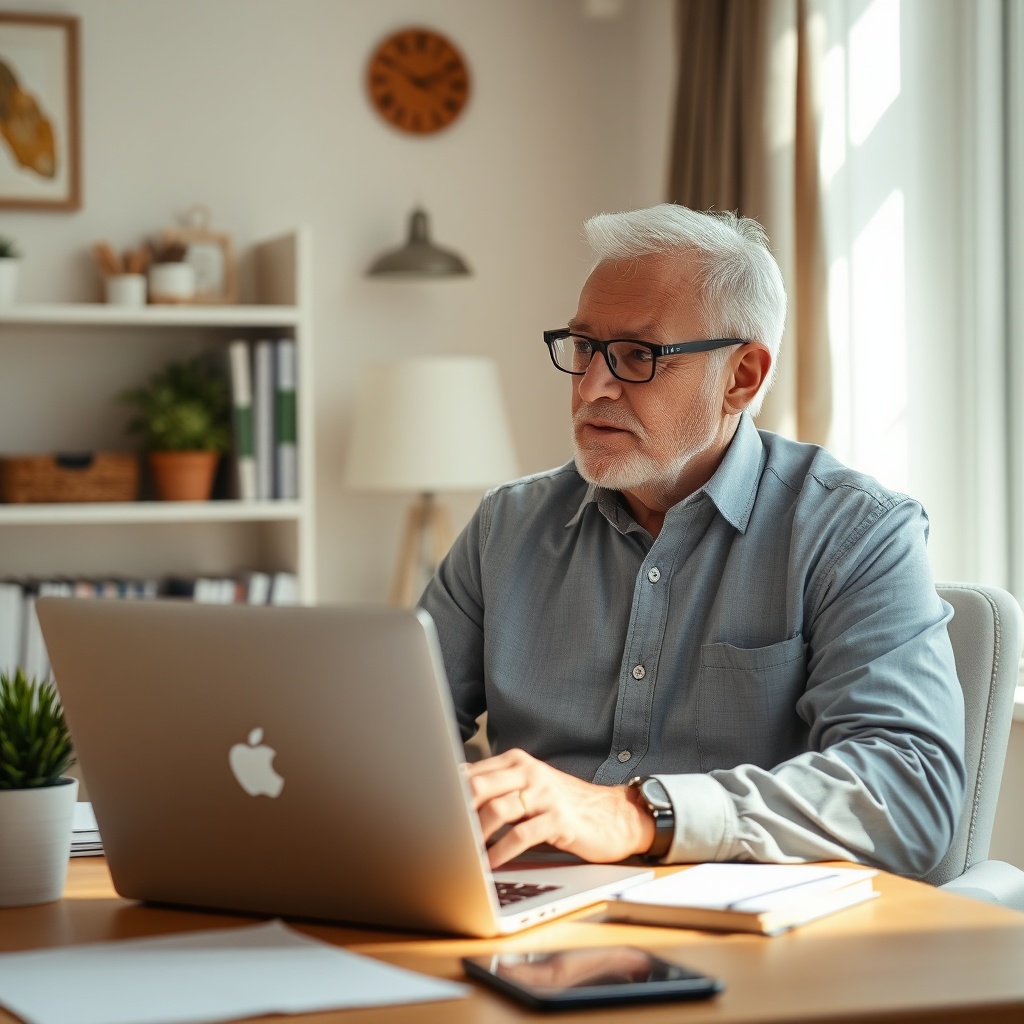 Professional over 40 looking thoughtful at a laptop in a home office, soft daylight, documentary pho