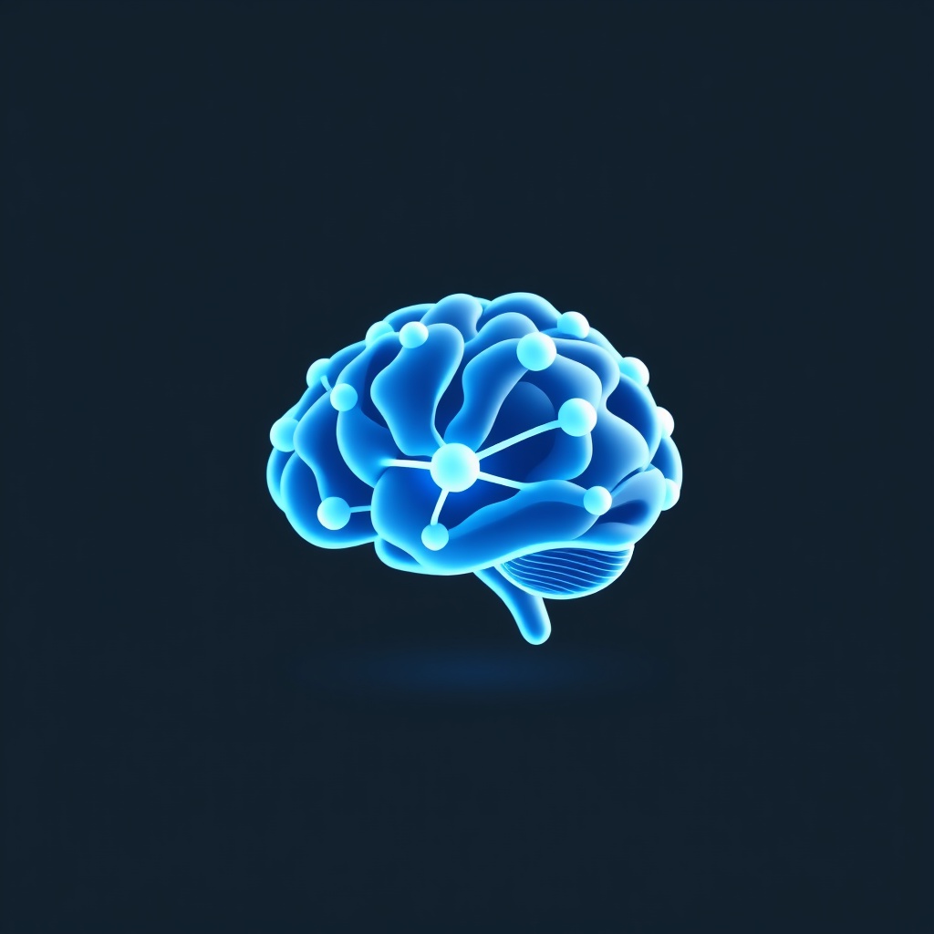 Abstract 3D icon of a neural network brain, electric blue and white, dark background, minimal