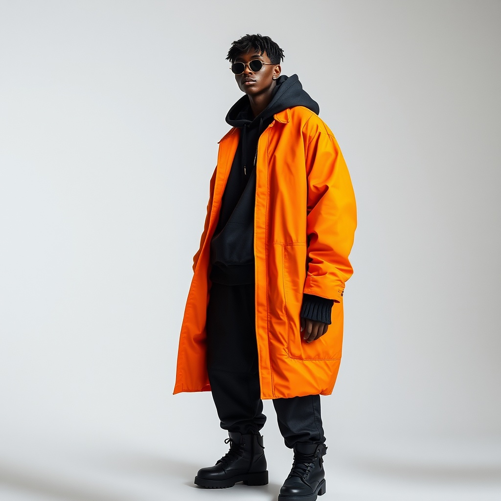 full body high fashion model wearing oversized luxury streetwear, minimal background, orange and cha