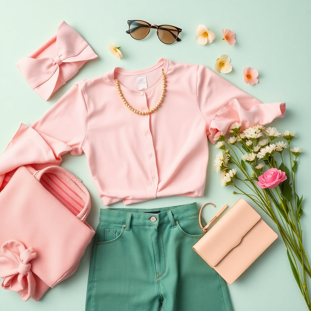 flat lay fashion styling with spring flowers pastel clothing accessories editorial blog photography