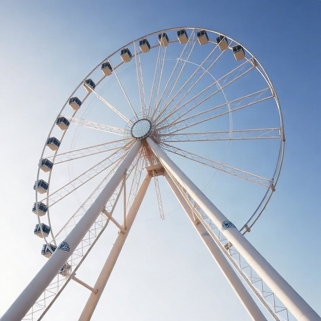 low angle shot of a large ferris wheel against a clear sky