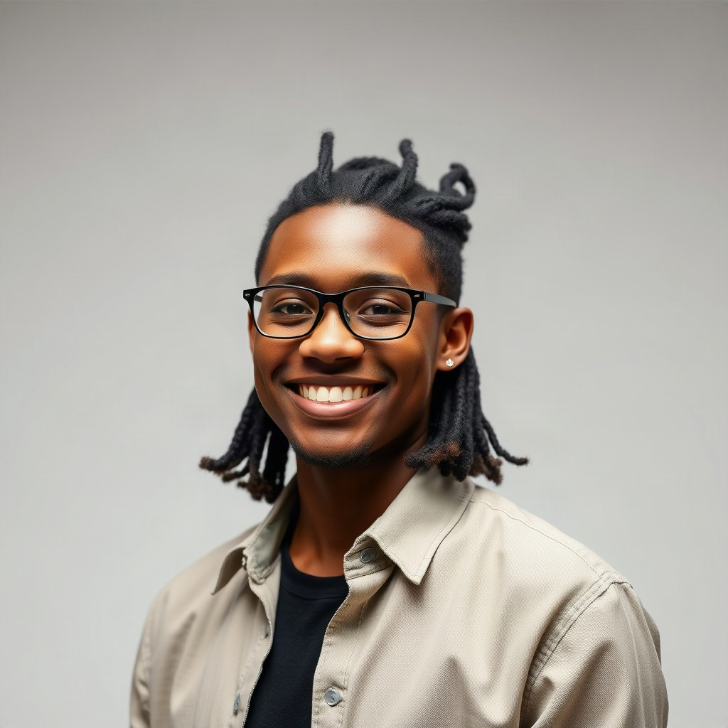 portrait of a young creative professional smiling, studio lighting, neutral background