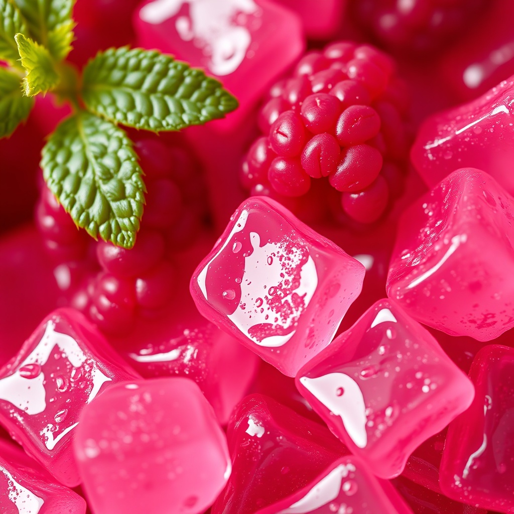 macro close-up of shiny pink berry-flavored gummy candies with fresh raspberries, soft pastel lighti