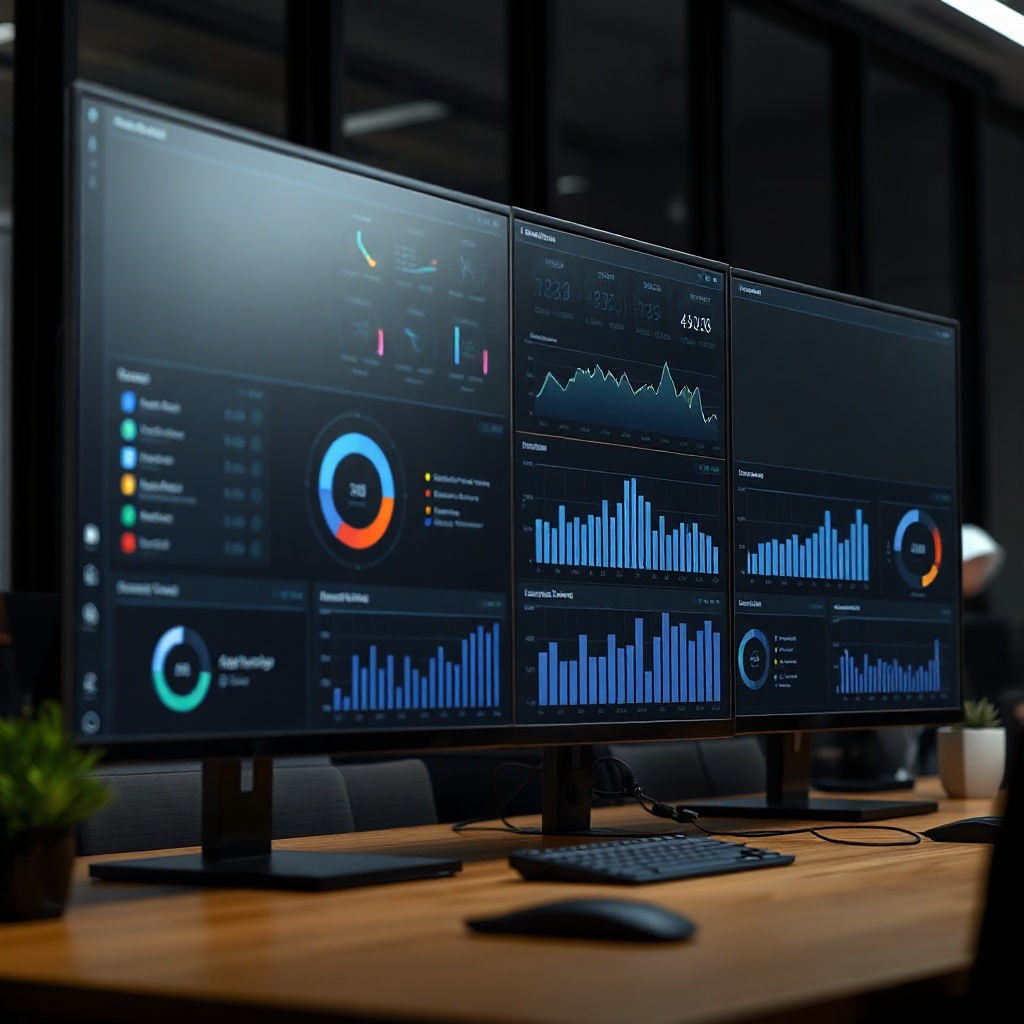 modern clean dark software dashboard UI on multiple high-res monitors in a professional office setti