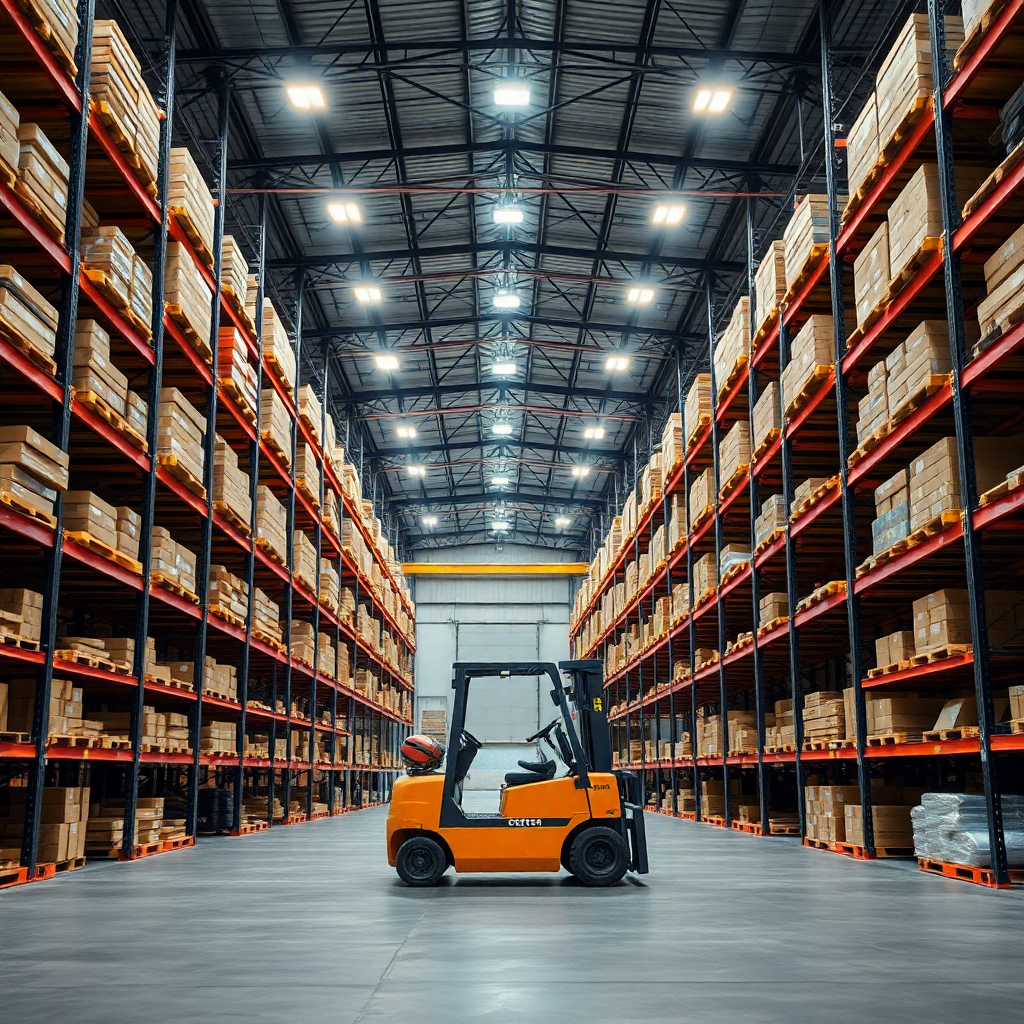 large industrial warehouse interior with high shelves and forklift, dramatic industrial lighting, pr