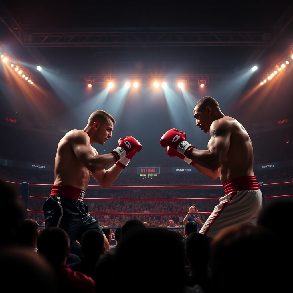 boxing match dramatic arena lighting crowd championship fight night professional sports