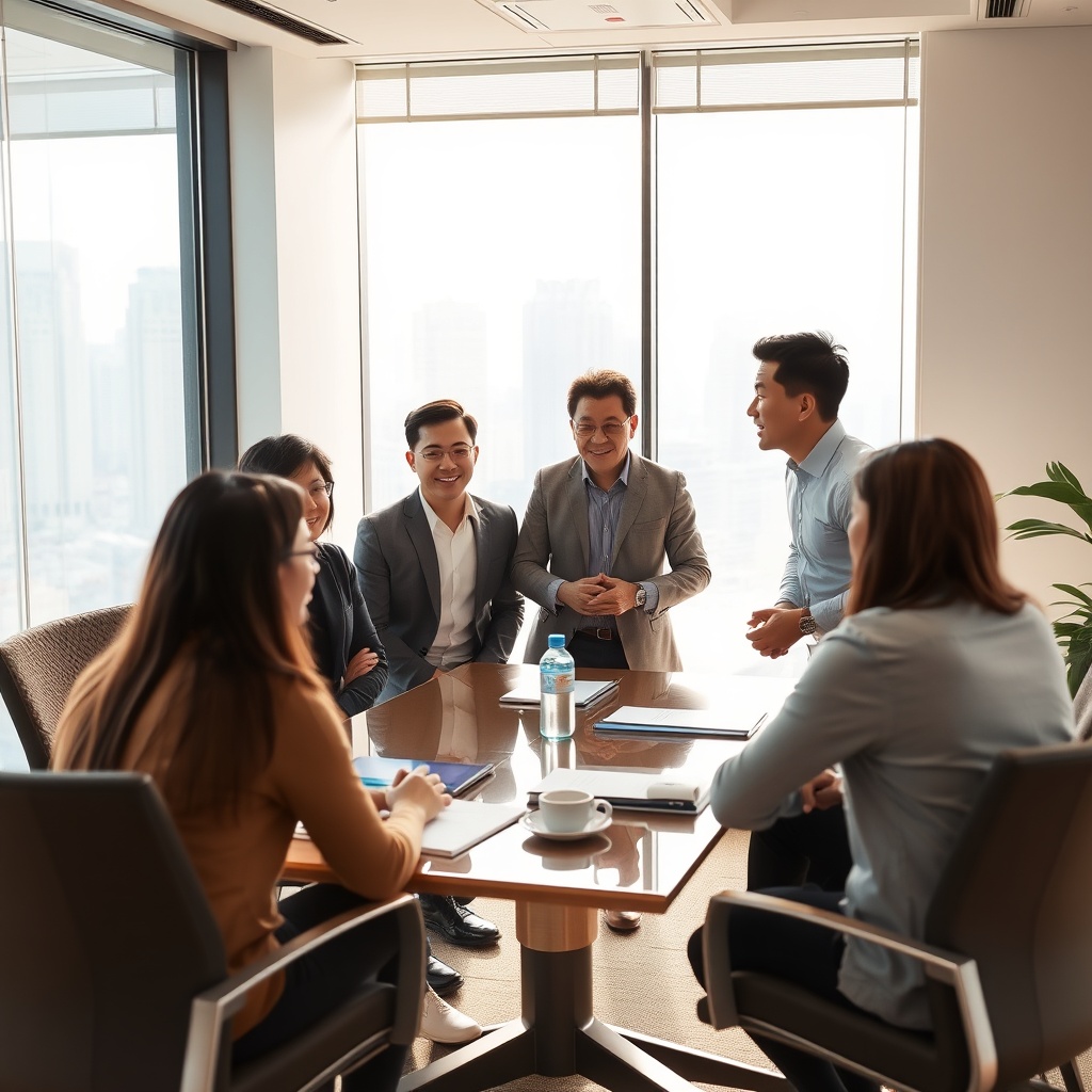 diverse group of entrepreneurs in a bright modern Hong Kong office meeting room, business discussion