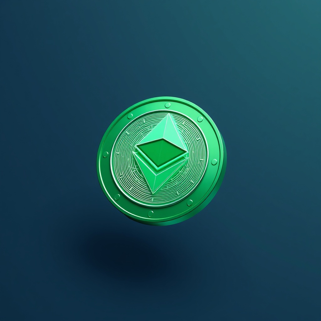 green ethereum coin, 3d render, floating, holographic