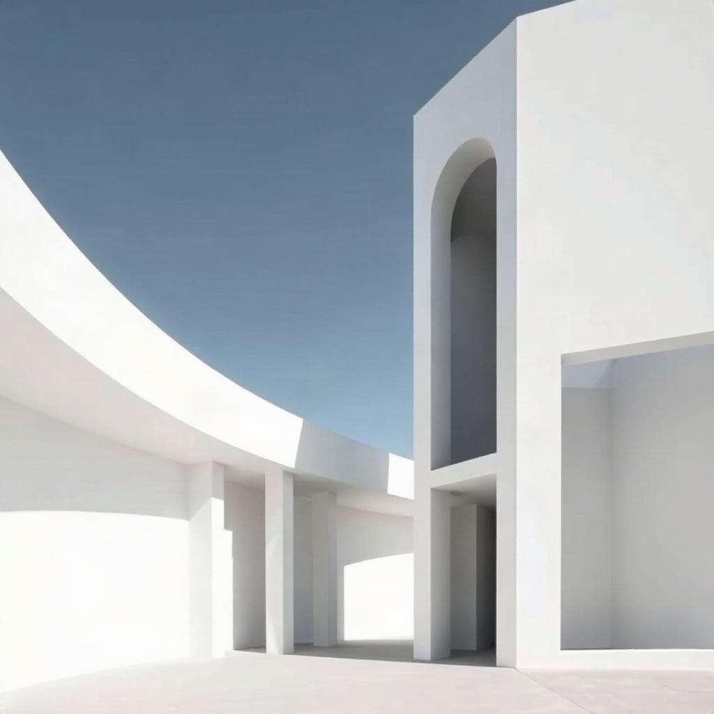 minimalist brutalist architecture, clean lines, white concrete