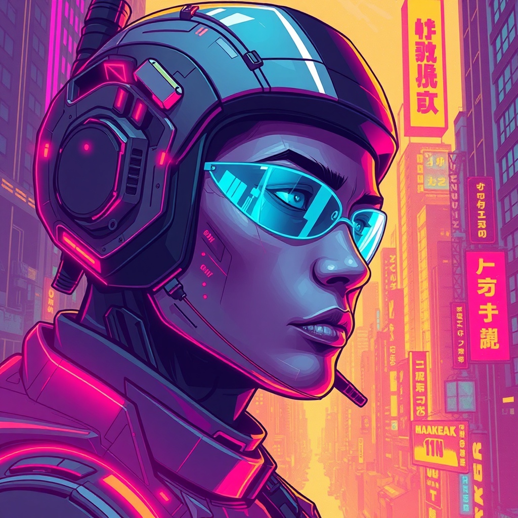 neon city portrait illustration, futuristic cyberpunk vibe, sharp detail