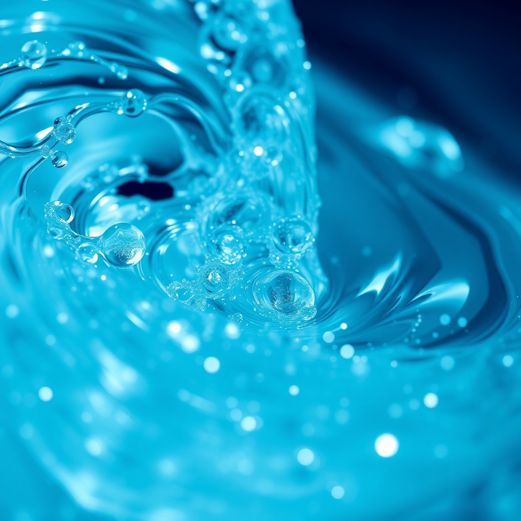 abstract macro shot of clear alkaline water swirling around glowing mineral particles, scientific blueprint style overlay